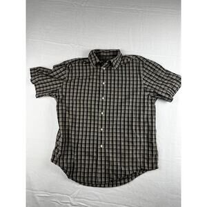 Roundtree & Yorke Dress Shirt Men's Large Plaid Brown Gray 100% Cotton